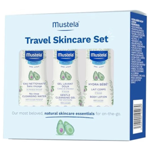 Mustela Travel Skinscare Set - Baby Skin Care & Bath Time Set - TSA-Approved - Natural & Plant-Based - Natural Avocado - 3 Items Set - Refillable & Reusable 1.69 Fl. Oz. Bottles