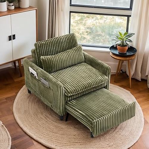 Modern Corduroy Fabric Sofa Bed Futon,3 in 1 Convertible Pullout Bed Sleeper Couches with 3 Reclining Backrests,Small Sofa Chair Bed for Living Room Bedroom (Green)