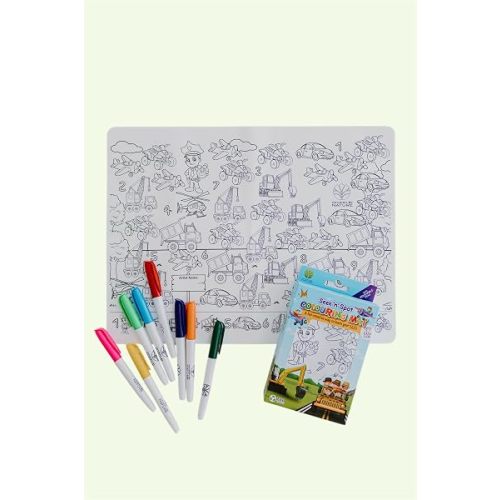 Seek N Spot Silicone Coloring Mat, Cars & Trucks Design, A3, Includes 8 Washable Markers
