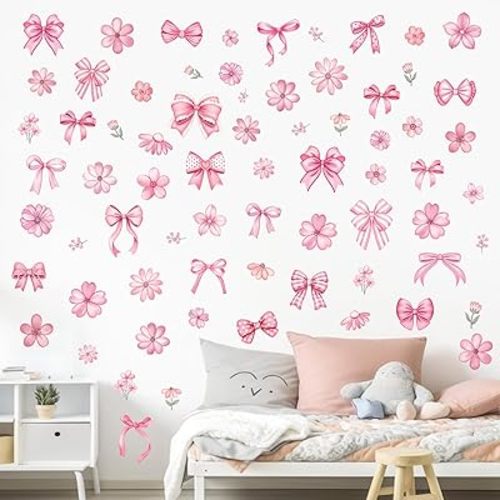 decalmile Pink Flower Bow Wall Stickers Watercolor Bow Knot Wall Decals Baby Nursery Bedroom Girls Room Wall Decor Gifts for Her
