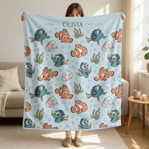 Personalized Finding Nemo Baby Blanket, Custom Disney Nemo And Dory Baby Shower Gift, Nemo Nursery Baby Blanket, Custom Name Blanket for Kid