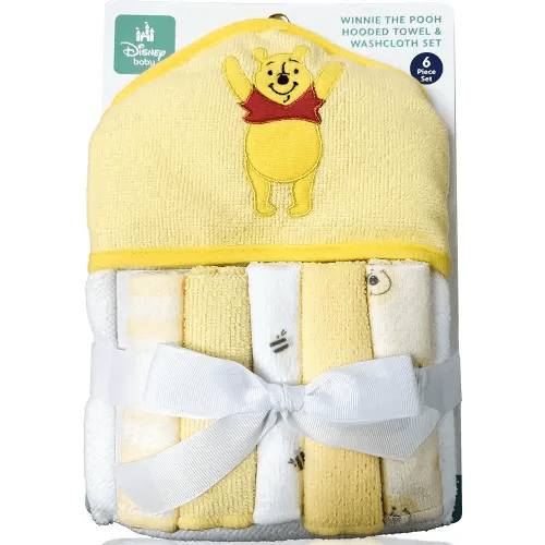 Winnie The Pooh Bath Towel Set | Winnie The Pooh Hooded Baby Bath Towel | Includes Hoodie Towel & 5 Wash Cloths | Yellow/White | Officially Licensed