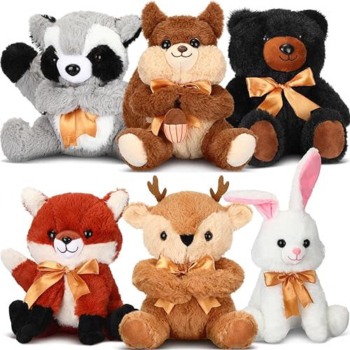 Syhood 6 Pcs Large Woodland Stuffed Animals 11.8 Inch Plush Bear Deer Fox Squirrel Rabbit Raccoon Stuffed Woodland Toys Wild Plush Animal for Christmas Birthday Gifts Baby Shower Party Decor