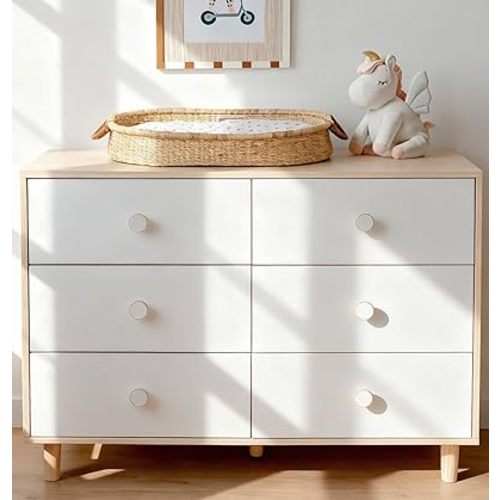 White Dresser for Bedroom, 6 Drawer Dressers with Solid Wood Legs, Baby Dresser for Kids, Storage for Clothes and Baby Essentials