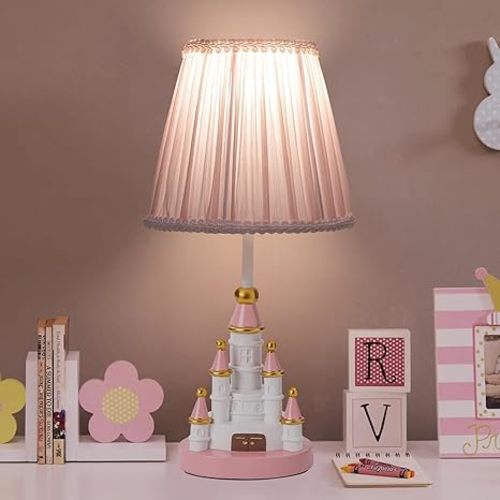 HERBESTBAY Kids Table Lamp, Adorable 14 Inch Castle Style Kids Desk Lamp, Pink Bedside Lamp Ideal for Girls Bedroom Decor, Includes LED Bulb