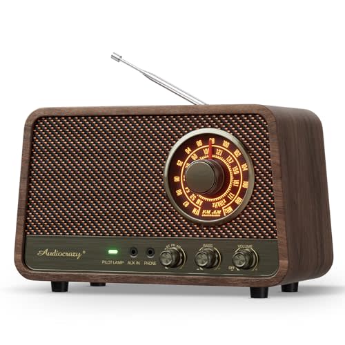 Audiocrazy Vintage Wooden AM FM Bluetooth Radio with Plug in Wall, Retro Bluetooth Speaker Radio with | 10 Watts Powerful Speaker | Aux in | Headphone Jack | Bass Control, for Home, Office, Kitchen