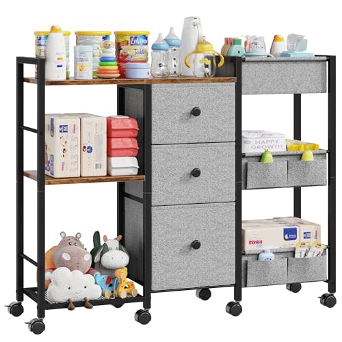 GYIIYUO Diaper Caddy Cart with Storage Fabric Drawers/Open Shelves, Baby Caddy Organizer, 3-Tier Rolling Utility Cart on Wheels for baby nursery essentials,bedside,makeup(Rustic Brown)