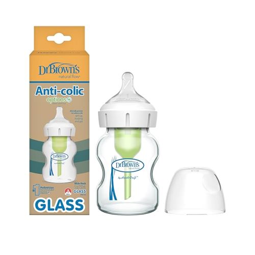 Dr. Brown's Natural Flow Anti-Colic Options+ Wide-Neck Glass Baby Bottle 5 oz/150 mL, with Level 1 Slow Flow Nipple, 1 Pack, 0m+
