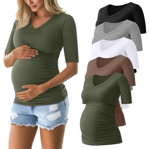 Riyiper 5 Pack Women's Maternity Shirts V Neck Half Sleeve Maternity Tops Side Ruched Casual Cotton Tee Pregnancy Clothes