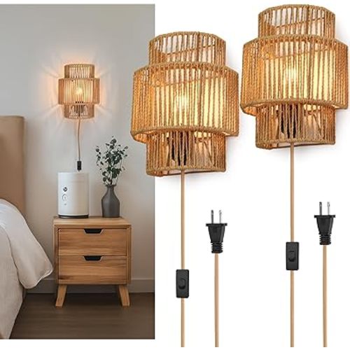 AKEETO Plug-in Wall Sconces Set of 2, Handwoven Bohemian Wall Decor with Switch, Wall Lights Fixtures for Bedroom Living Room Hallway Porch