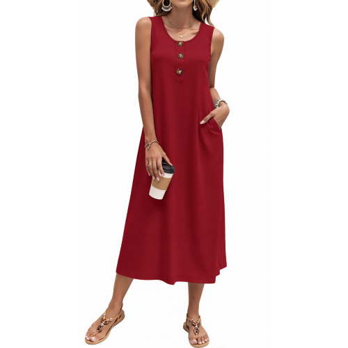Fantaslook Long Tank Dresses for Women Summer Sleeveless Button Down Dress Casual Loose Beach Vacation Sundress