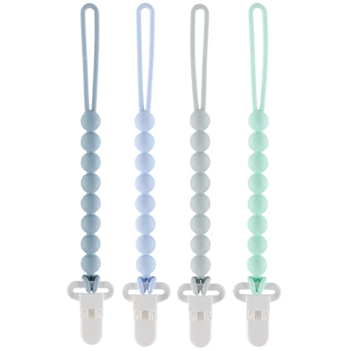 4-Pack Silicone Pacifier Clips with One-Piece Beads for Baby Boys and Girls - Flexible and Rust-Free Holders for Teething Relief and Baby Essentials, Safe for Newborns (Blue)