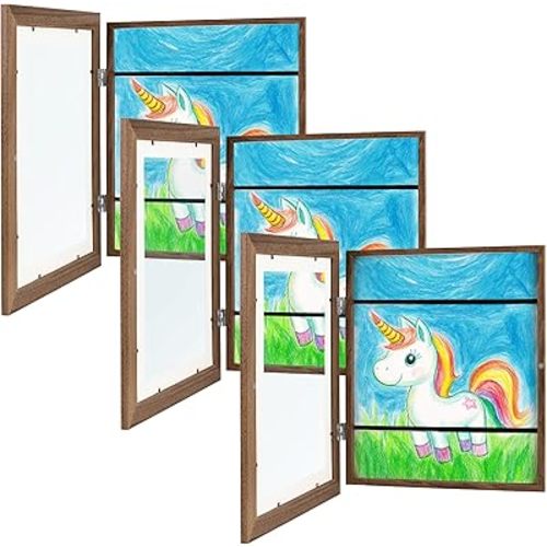 Zenacolor Kids Artwork Frames Changeable - Front-Opening to Display & Store 100 pcs - Set of 3 Kids Art Frame Includes Wall Hooks & Stand - 10"x12.5" - Wood