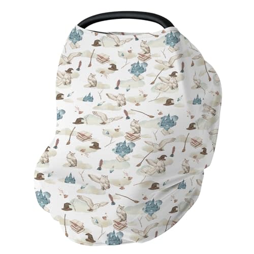 Vintage Wizard Owls Car Seat Cover for Babies Watercolor Witch Hat Books Castle Clouds Stretchy 5-in-1 Cover Adjustable Infant Carseat Canopy Cover Magics Wizard Universe Breathable Nursing Cover-Up