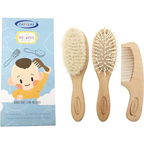 Baby Hair Brush & Comb Set, Organic Wooden Hairbrush Natural Goat Bristles 3-Piece for Newborns & Toddlers, Ideal for Cradle Cap & Itching, Perfect Shower and Registry Gift for Infant, Toddler, Kids
