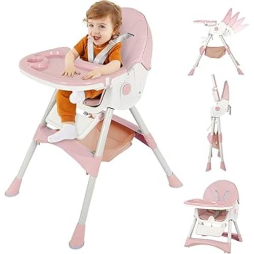 6-in-1 Foldable Baby High Chair for Babies & Toddlers – Adjustable Height & Recline, 5-Point Safety Harness, Removable Tray | Portable Highchair, Space-Saving & Easy Clean | Silla de Comer para Bebé
