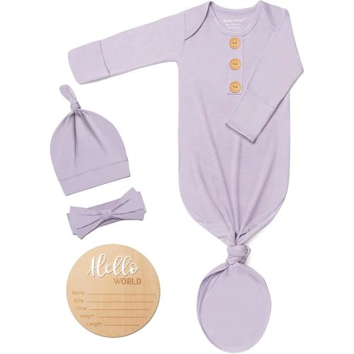 Soft Baby Knot Gown 0-3 Months, Newborn Announcement Sleepers With Mitten Cuffs and Personalized Wooden Name Tag