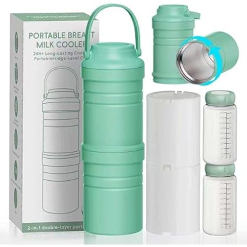 Portable Breast Milk Cooler Bottle, 2-in-1 Detachable Travel Breastmilk Chiller, 2 Copper-Plated Liner Breastmilk Storage for 36H, 360° Total Cooling Milk Chiller Bottle with 2 Bottles-22oz