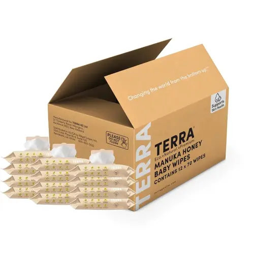Terra Bamboo Baby Manuka Honey Wipes – 99.5% Pure New Zealand Water, 100% Biodegradable Bamboo Fiber, 0% Plastic, Unscented, Suitable for Sensitive Skin – 12 Packs of 70 Wipes