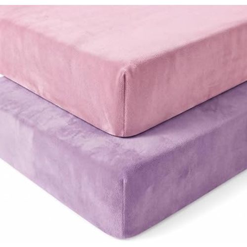 2 Pack Flannel Fleece Crib Sheets, Warm Soft Microfleece Fitted Crib Sheets for Baby Girls Toddler, 28"x52", Pink & Lavender