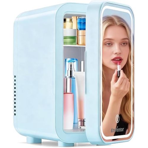 Enventor Mini Fridge with Dimmable LED Mirror, 6L/8 Can, AC/DC Power, Blue