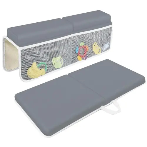 Bath Kneeler with Elbow Rest Pad Set, 1.5 inch Kneeling Pad Mat for Bathtub Baby Bathing Parents, Painless Foam Mat with Toy Organizer Pockets, Non-Slip for Baby and Toddler Bathing，Dark Grey