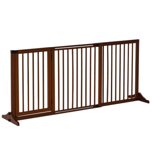 PawHut Adjustable Wooden Pet Gate, Freestanding Dog Fence for Doorway Hall, 3 Panels w/ Safety Barrier Lockable Door, Brown, 44.5"-65.25"L x 14.25"H
