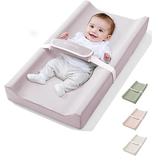 COMOMY Baby Changing Pad with Wipeable & Waterproof PU Cover, Contoured Diaper Changing Pad for Dresser with Non-Slip Safety Belt, Portable and Lightweight, Large Cushioned Foam, Lavender