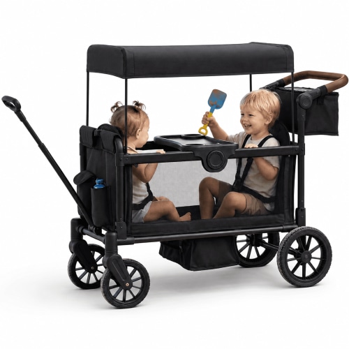 HARPPA Stroller Wagon for 2 Kids, Foldable Wagon Stroller with 5-Point Harness, Bench Seat, Outdoor Toddler Stroller, Black