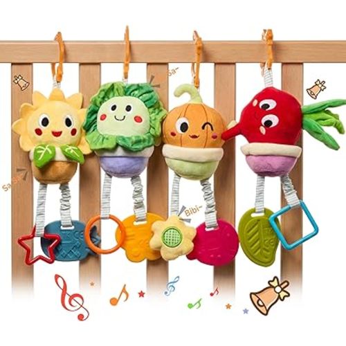 TUMAMA Baby Toys 0 3 6 12 Months, Hanging Stroller Vegetable Crib Car Seat Toys, Infant Newborn Crinkle Infant Rattles with Teether Squeaky Sensory Developmental Toy