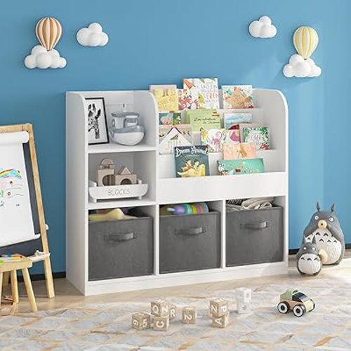 Kids Multifunctional Bookcase & Bookshelf with 3 Collapsible Fabric Drawers – Toy Storage, Display Stand, Organizer for Bedroom, Playroom, Hallway (Gray)