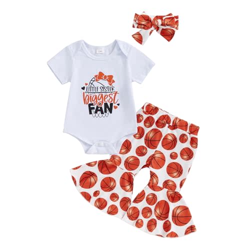 MOLZULAMS Newborn Baby Girl Basketball Clothes Little Sister Biggest Fan Short Sleevee Romper Flared Pant Cute Summer Clothes