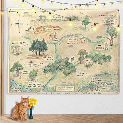 100 Acre Wood Map Jungle Tapestry, Vintage Cute Tapestries for Bedroom Decorations, Tapestry Wall Hanging Gift For Kids Teens On Birthday