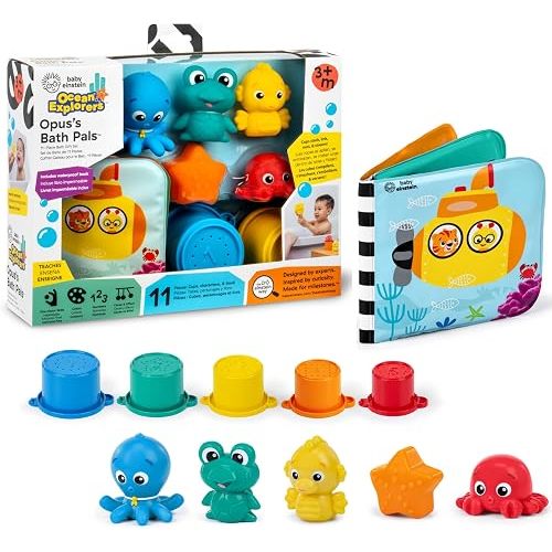 Baby Einstein Ocean Explorers Opus Bath Pals 11-Piece Gift Set, Waterproof Bath Book, Bath Cups, Animal Shape Bath Toys for Baby and Toddler, Ages 3 Months and Up