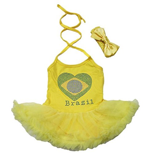 Petitebella Brazil Flag Heart Yellow Halter Bodysuit Tutu Baby Dress Nb-24m