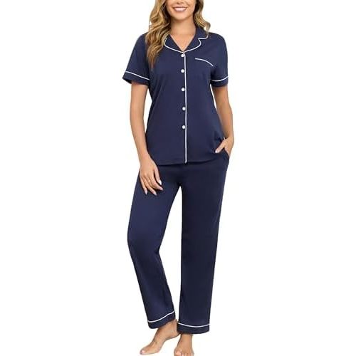Veseacky 100% Cotton Pajamas for Women Set Short Sleeve Button Down Sleepwear Soft 2 Piece Summer Pjs Lounge Sets S-XXL
