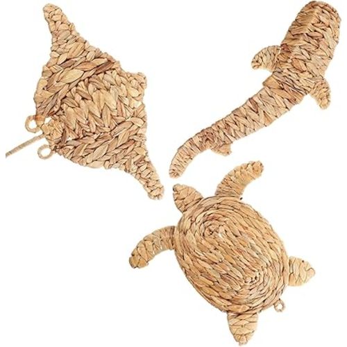 3 Pcs Boho Christmas Beach Bathroom Decor 3 Size Handmade Wicker Wall Decors Coastal Hanging Wall Art Florida Christmas Decoration for Indoor Outdoor Xmas Gifts(Stingray, Shark, Sea Turtle)