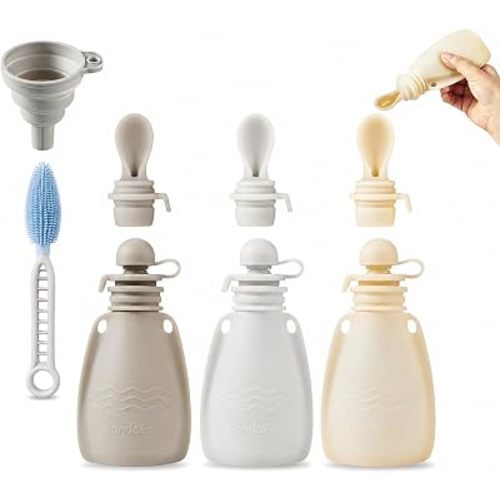 PandaEar 3 Pack Silicone Baby Food Pouches, Reusable Squeeze Pouches for Toddler with 3 Silicone Puree Feeder Spoon, BPA-Free Silicone Refillable Infant Food Storage, 5 oz (Light Tan&Walnut&Grey)