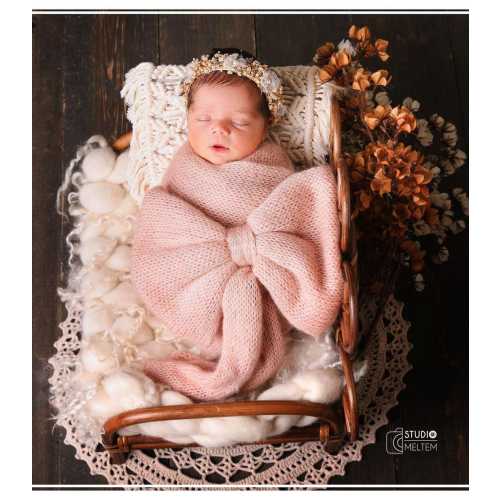 Newborn knit shawl and ribbon lace prop set/Newborn photography props shawl and bow set/Newborn photography props costume and shawl set