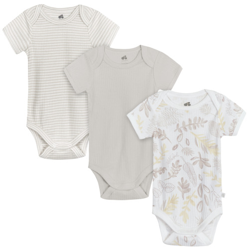 3-Pack Baby Neutral Natural Leaves Short Sleeve Bodysuits - 3-6 mos