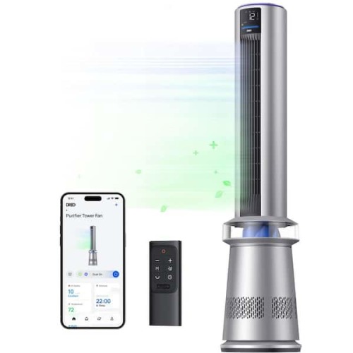 Air Purifier Tower Fan, 45 in. 2-in-1 Smart Fan, 27ft/s Velocity, 120°Oscillation, 24 H Timer, 25dB Low Noise, Silver