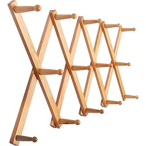 SKOLOO Hat Rack for Wall with 14 Hooks, Solid Wooden, Modern, Expandable Coat Rack Wall Mount for Coats, Hats, Bags, Baseball Caps, Natural Color