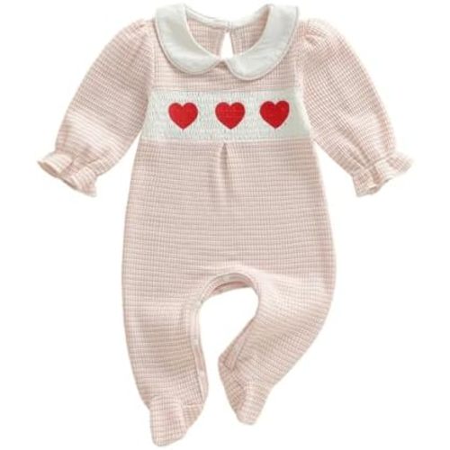Newborn Baby Girl Clothes Heart Fall Winter Outfits Waffle Stripes Footed Bodysuit Romper Cute Valentines Outfit