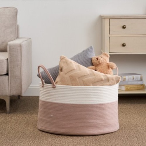 ALEXOUN 20x13IN Natural Cotton Rope Laundry Basket - Soft, Durable & Spacious Storage Hamper for Laundry, Toys, Pillows - Sturdy Handles,Pink