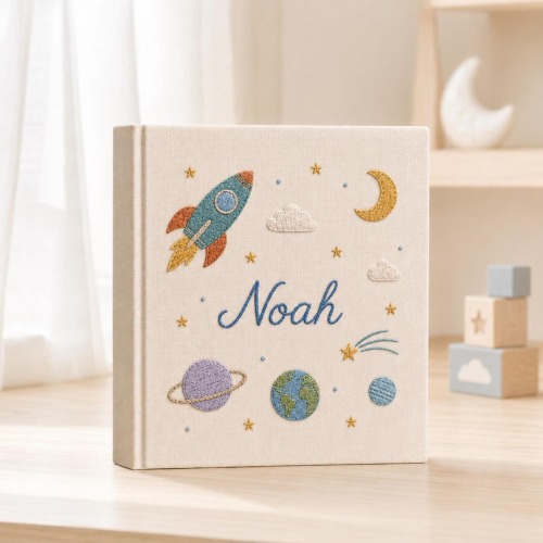 Personalized Space Rocket Hand Embroidered Baby Photo Album, Astronaut Baby Memory Book, Custom Newborn Keepsake