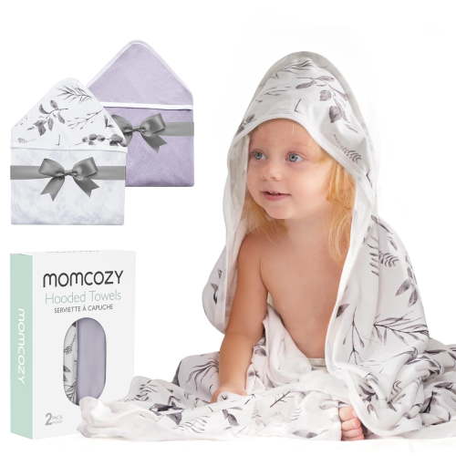 Momcozy Baby Hooded Towel-Made from Cotton, Suitable for Newborn Shower Gifts, 2 Count (Pack of 1), 28 X 28 Inch, Ink Wash Leaves
