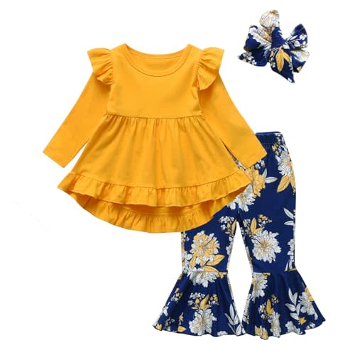 KuKitty Toddler Baby Girl Clothes Solid Color Long Sleeve Ruffle Tops Floral Bell-Bottoms Pants and Headband Outfits Set