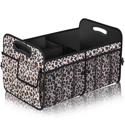 Femuar Car Trunk Organizer, Large Capacity Collapsible Trunk Storage with 11 Pockets, Waterproof, Non-Slip, Suitable for Car, SUV, Truck, Van, Jeep, Sedan, Leopard Print
