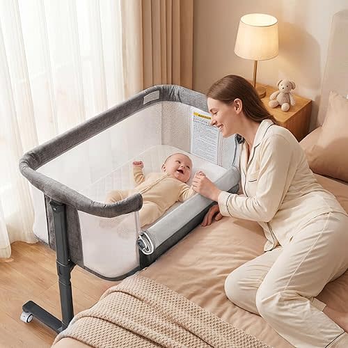 TODEFULL Baby Bassinet Bedside Sleeper, 2 in 1 Portable Newborn Bedside Sleeper, All-Sided Mesh Infant Travel Crib for Toddlers, 6 Adjustable Height, with 4 Wheels, Grey
