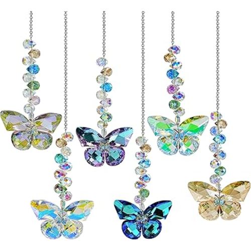 HDCRYSTALGIFTS 6PCS Crystal Butterfly Suncatchers for Window Hanging Ornaments, Rainbow Maker Sun Catchers Indoor Window Wedding Garden Home Decor Gifts